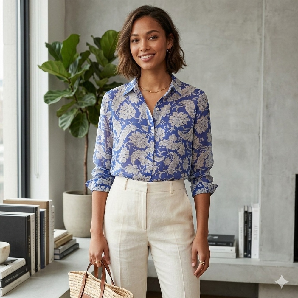 Lauren Ralph Lauren Navy and Cream Floral Button-Down Shirt